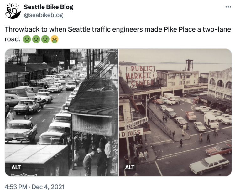 Screenshot of a tweet with two historic photos showing a two-lane asphalt Pike Place with text: Throwback to when Seattle traffic engineers made Pike Place a two-lane road. 